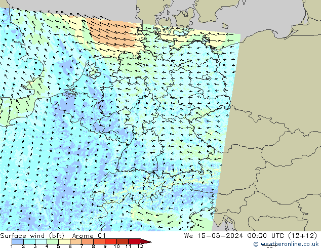 wiatr 10 m (bft) Arome 01 śro. 15.05.2024 00 UTC