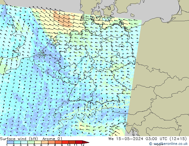 Wind 10 m (bft) Arome 01 wo 15.05.2024 03 UTC