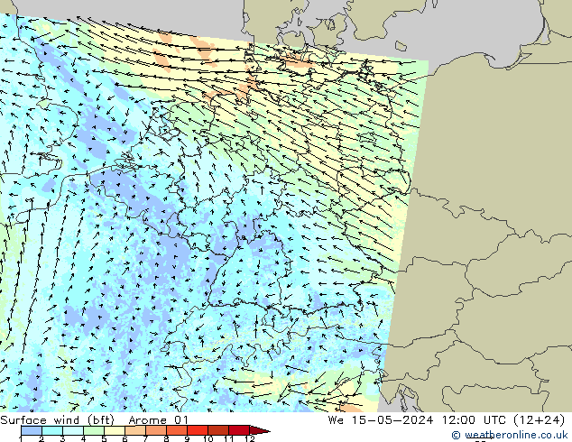 Surface wind (bft) Arome 01 We 15.05.2024 12 UTC