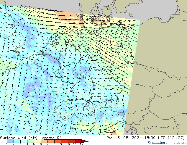 Vento 10 m (bft) Arome 01 Qua 15.05.2024 15 UTC