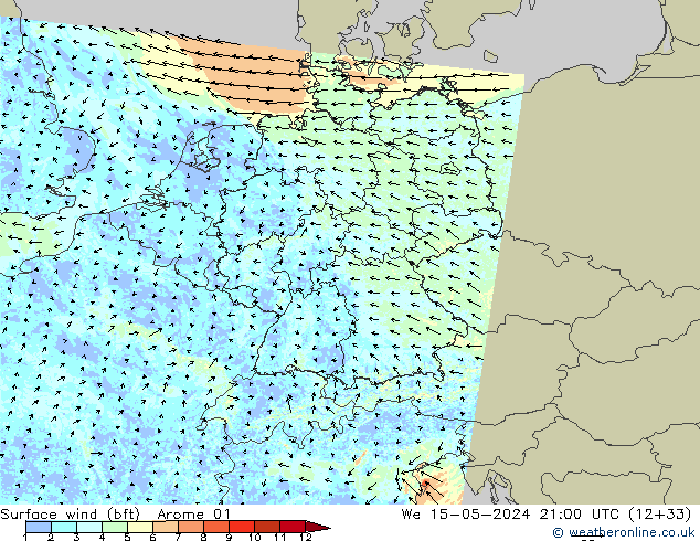 wiatr 10 m (bft) Arome 01 śro. 15.05.2024 21 UTC
