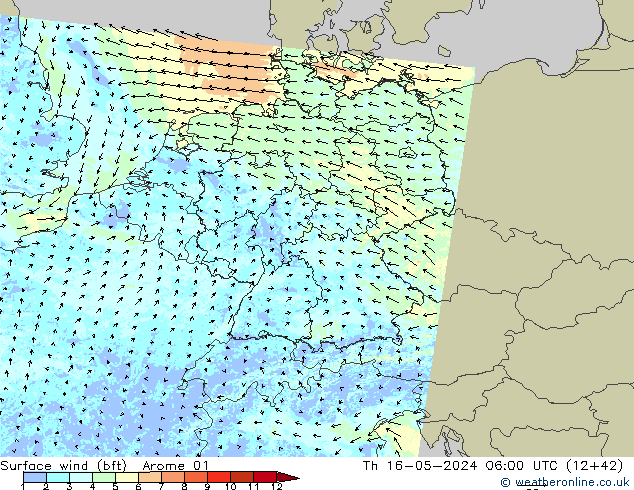 Surface wind (bft) Arome 01 Čt 16.05.2024 06 UTC