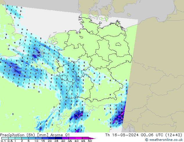 Precipitazione (6h) Arome 01 gio 16.05.2024 06 UTC