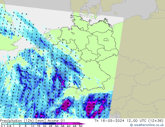 Totale neerslag (12h) Arome 01 do 16.05.2024 00 UTC