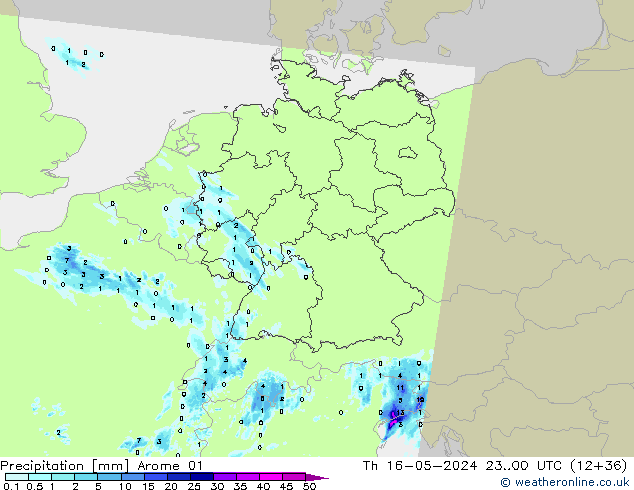Srážky Arome 01 Čt 16.05.2024 00 UTC