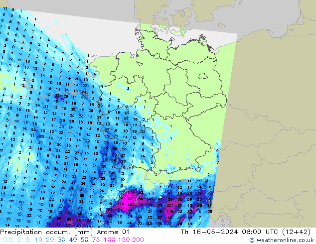 Precipitation accum. Arome 01 czw. 16.05.2024 06 UTC