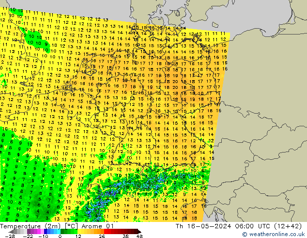 Temperatuurkaart (2m) Arome 01 do 16.05.2024 06 UTC