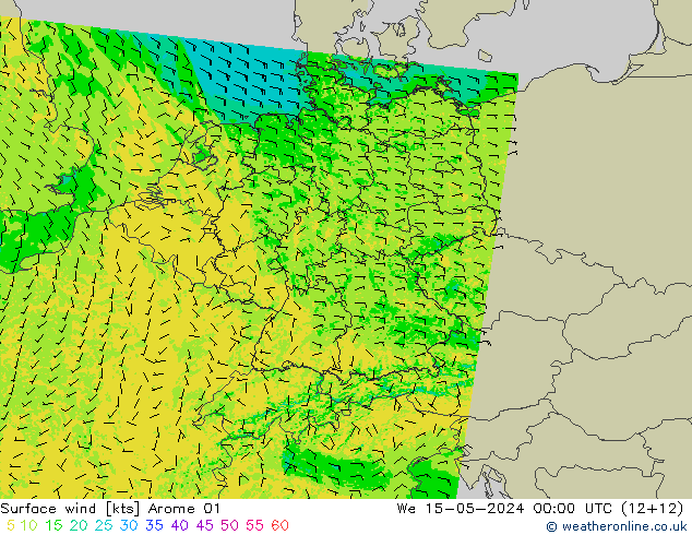 Surface wind Arome 01 We 15.05.2024 00 UTC
