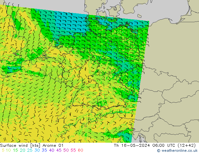 Wind 10 m Arome 01 do 16.05.2024 06 UTC