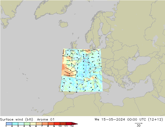 Wind 10 m (bft) Arome 01 wo 15.05.2024 00 UTC