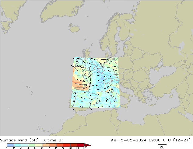 Surface wind (bft) Arome 01 We 15.05.2024 09 UTC