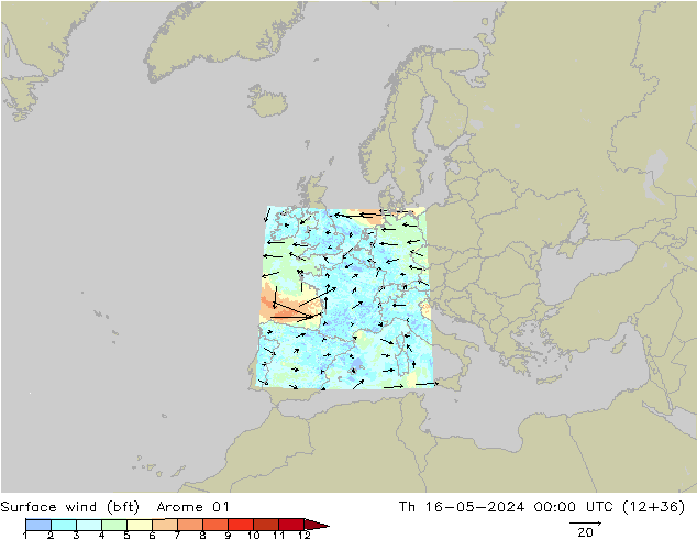 wiatr 10 m (bft) Arome 01 czw. 16.05.2024 00 UTC