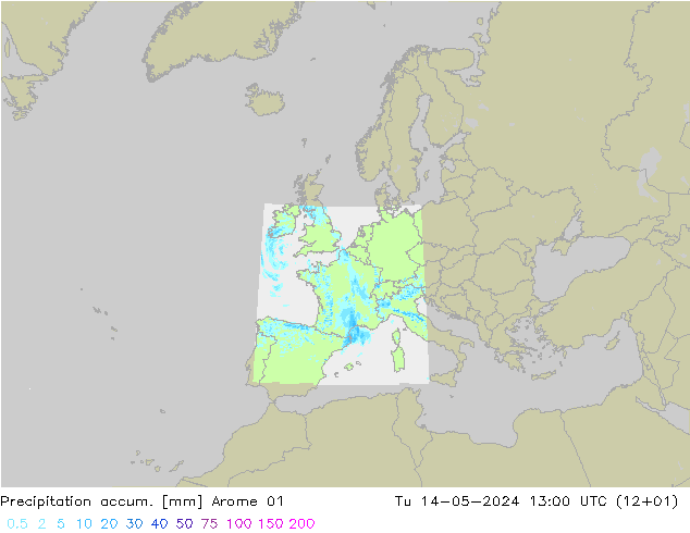 Totale neerslag Arome 01 di 14.05.2024 13 UTC