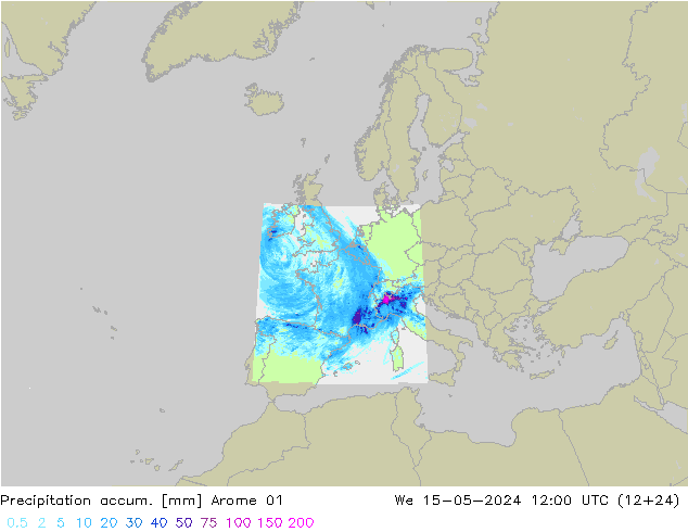 Precipitation accum. Arome 01 We 15.05.2024 12 UTC