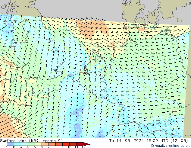 Surface wind (bft) Arome 01 Tu 14.05.2024 15 UTC