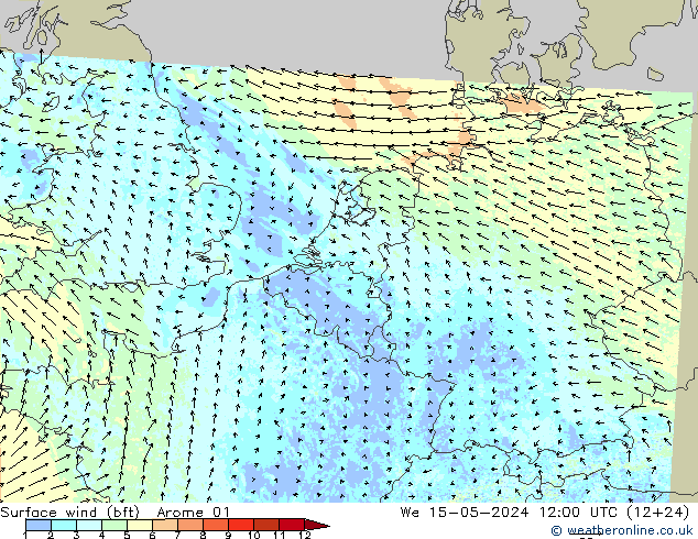 Surface wind (bft) Arome 01 We 15.05.2024 12 UTC
