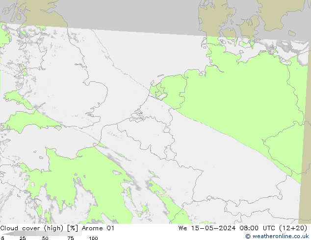 Cloud cover (high) Arome 01 We 15.05.2024 08 UTC