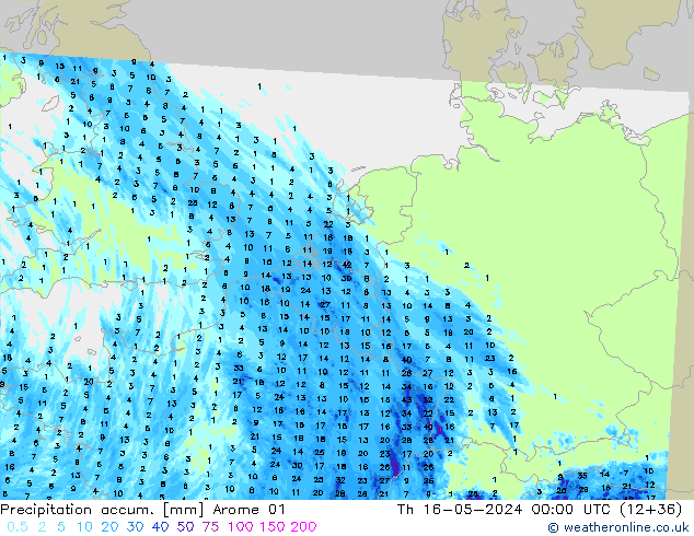 Totale neerslag Arome 01 do 16.05.2024 00 UTC