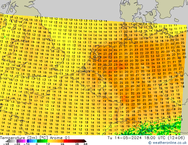Temperatura (2m) Arome 01 mar 14.05.2024 18 UTC