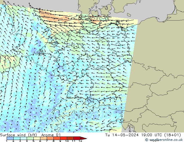 Wind 10 m (bft) Arome 01 di 14.05.2024 19 UTC