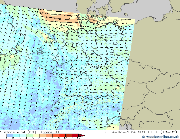 wiatr 10 m (bft) Arome 01 wto. 14.05.2024 20 UTC
