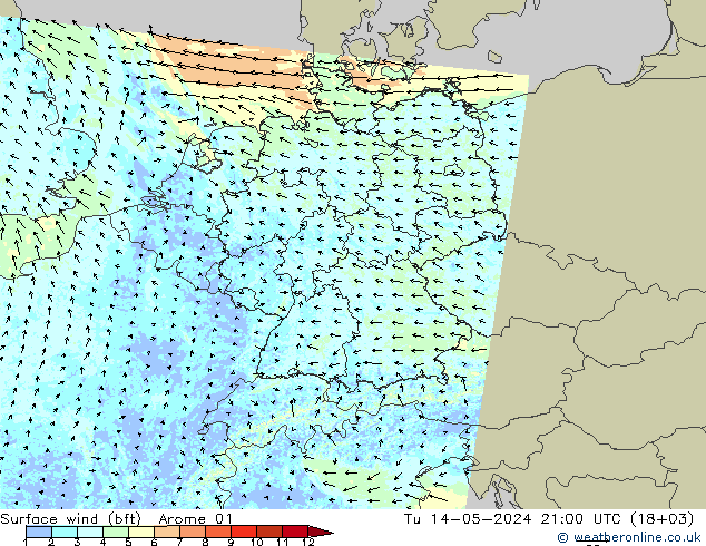 Bodenwind (bft) Arome 01 Di 14.05.2024 21 UTC