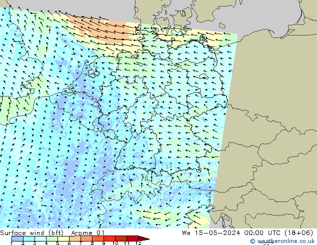 wiatr 10 m (bft) Arome 01 śro. 15.05.2024 00 UTC