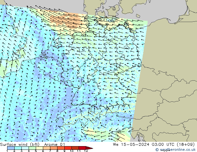 Wind 10 m (bft) Arome 01 wo 15.05.2024 03 UTC