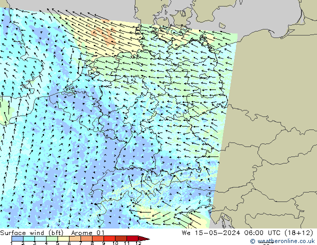 Rüzgar 10 m (bft) Arome 01 Çar 15.05.2024 06 UTC