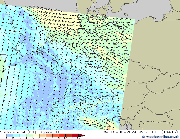 Rüzgar 10 m (bft) Arome 01 Çar 15.05.2024 09 UTC