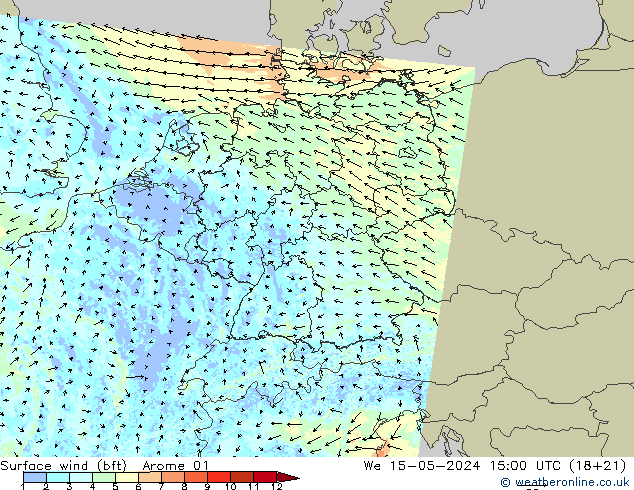 Surface wind (bft) Arome 01 We 15.05.2024 15 UTC
