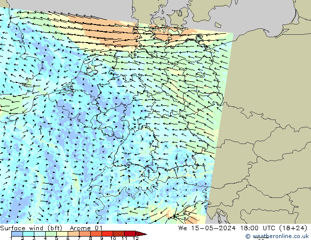 wiatr 10 m (bft) Arome 01 śro. 15.05.2024 18 UTC