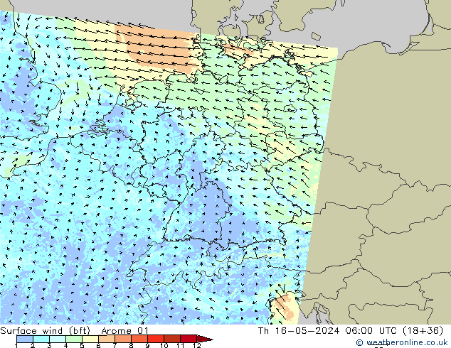 Surface wind (bft) Arome 01 Čt 16.05.2024 06 UTC