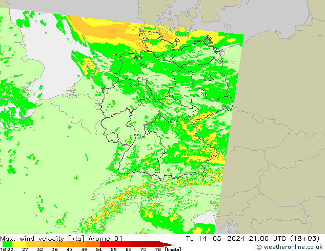 Maks. Rüzgar Hızı Arome 01 Sa 14.05.2024 21 UTC