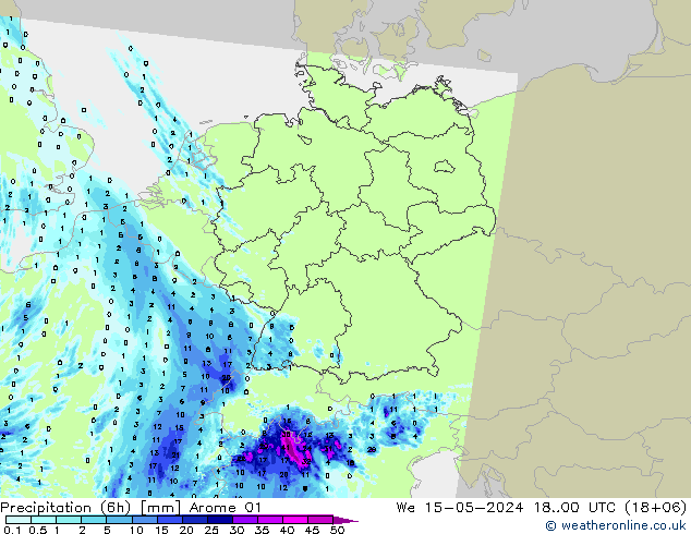 Precipitación (6h) Arome 01 mié 15.05.2024 00 UTC