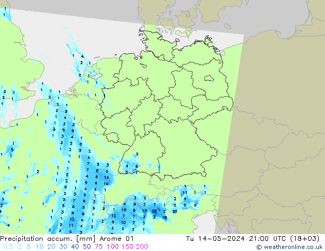Precipitation accum. Arome 01 星期二 14.05.2024 21 UTC