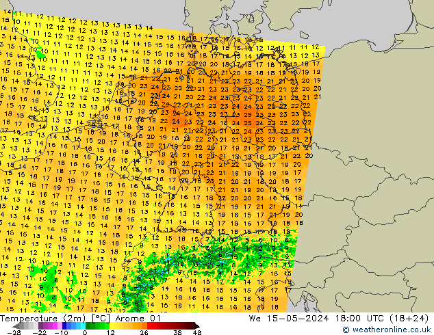 Temperaturkarte (2m) Arome 01 Mi 15.05.2024 18 UTC