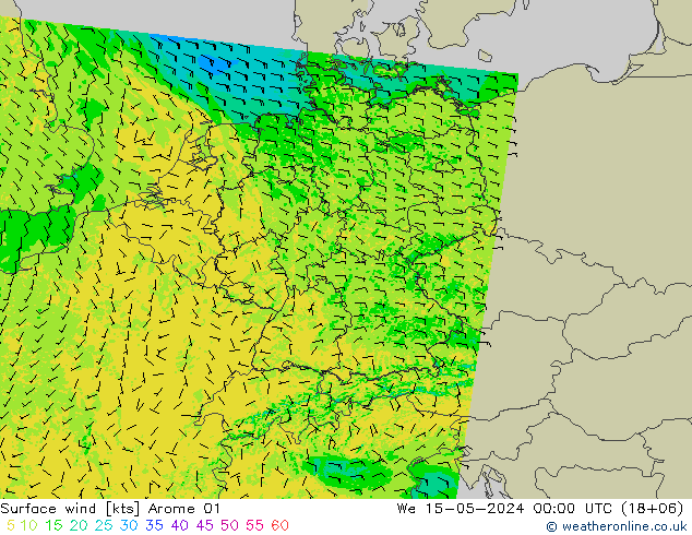 Surface wind Arome 01 We 15.05.2024 00 UTC