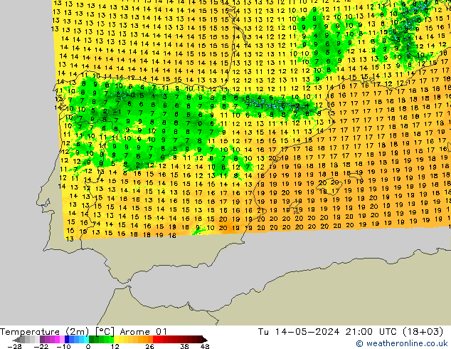 карта температуры Arome 01 вт 14.05.2024 21 UTC