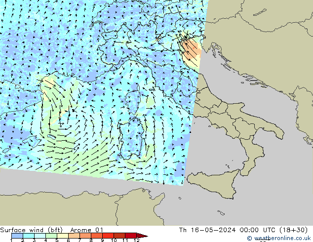 Surface wind (bft) Arome 01 Th 16.05.2024 00 UTC