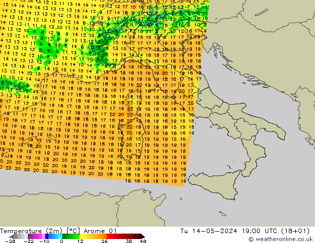 Temperatura (2m) Arome 01 Ter 14.05.2024 19 UTC
