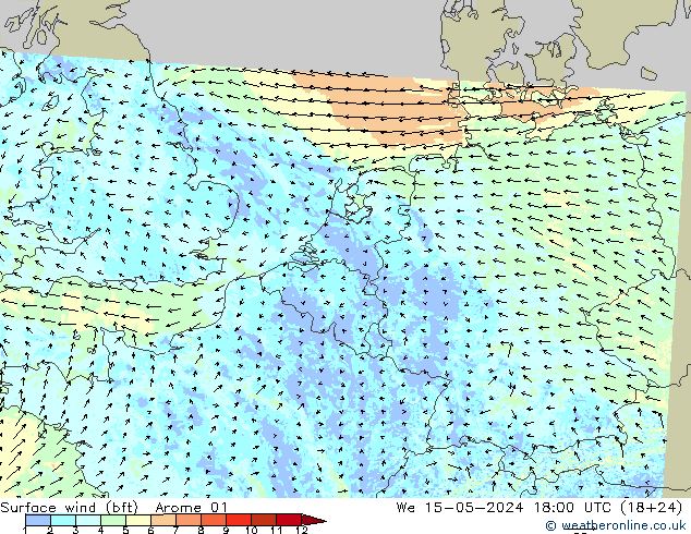 Wind 10 m (bft) Arome 01 wo 15.05.2024 18 UTC