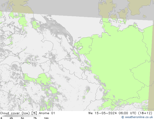Cloud cover (low) Arome 01 We 15.05.2024 06 UTC