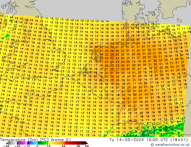 温度图 Arome 01 星期二 14.05.2024 19 UTC