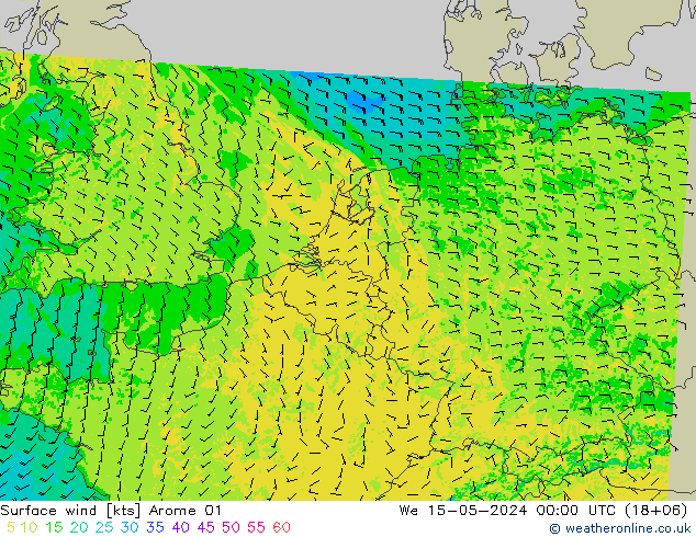 Wind 10 m Arome 01 wo 15.05.2024 00 UTC