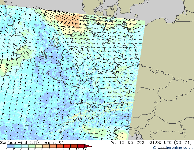 Rüzgar 10 m (bft) Arome 01 Çar 15.05.2024 01 UTC