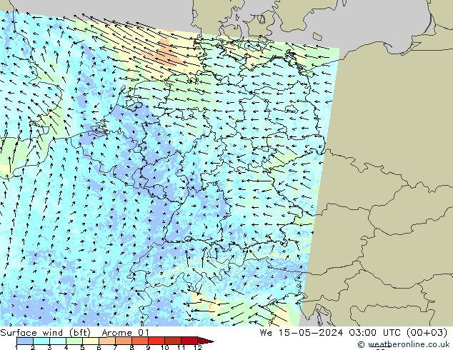Surface wind (bft) Arome 01 St 15.05.2024 03 UTC