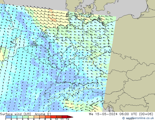 Wind 10 m (bft) Arome 01 wo 15.05.2024 06 UTC