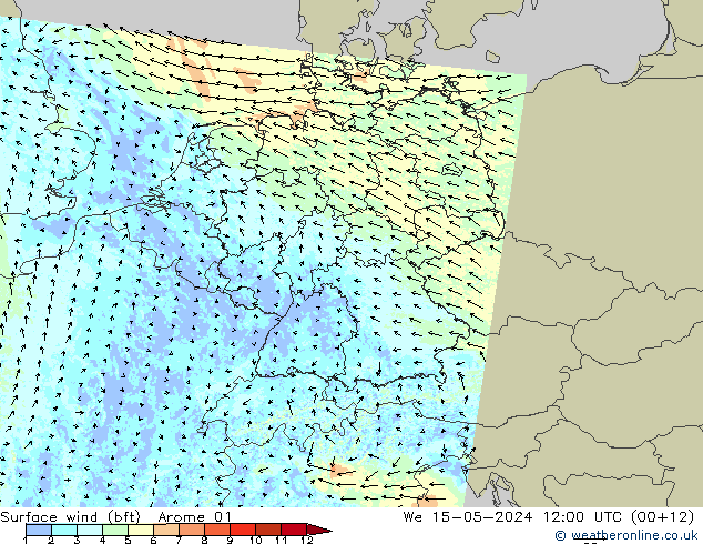 wiatr 10 m (bft) Arome 01 śro. 15.05.2024 12 UTC