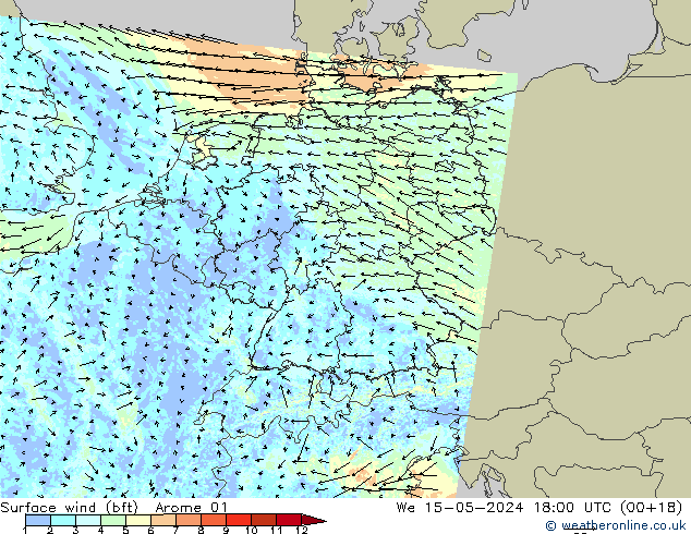 Vento 10 m (bft) Arome 01 mer 15.05.2024 18 UTC